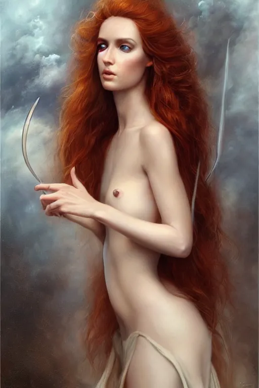 Prompt: ultra realist soft painting of a single beautiful mythical goddess in a full long curvy slim dress, thin long auburn hair, symmetry accurate features, very intricate details, volumetric lighting, by Tom Bagshaw Boris Vallejo