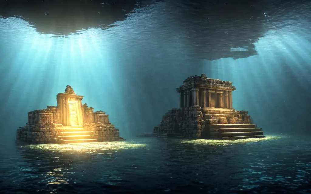 Image similar to ultrawide shot of submerged pre - incan temple, anime style mixed with fujifilm, dark, underwater, symmetrical, bubbles, abyss, dark, murky, foggy, atmospheric, crepuscular rays, artstation, cgsociety, octane render, cgi, unreal engine 5, denoise, detailed, cinematic masterpiece