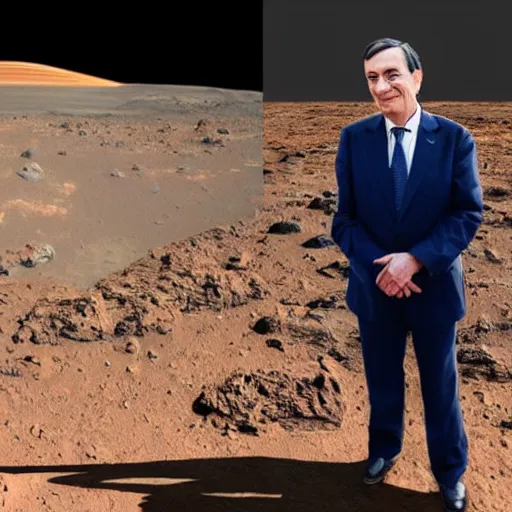 Prompt: Mario Draghi visiting mars with Dr. Manhattan,the curiosity rover is visible in the background