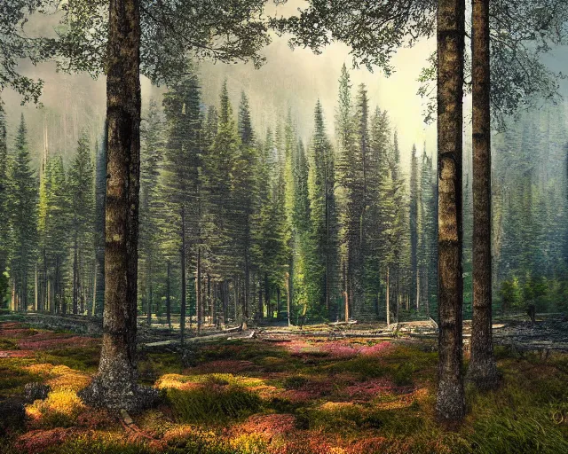 Prompt: A forested logging valley with great walls, the Avolynn Vallience, digital art, detailed, hyper-realistic