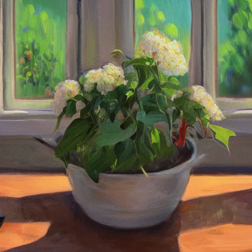 Image similar to dittany in a pot, on wooden table in the ray of sunshine in greenhouse, oil painting, sharp focus, high detailed, calm, warm lighting, sparkles, digital art, concept art, by Rutkowsky,