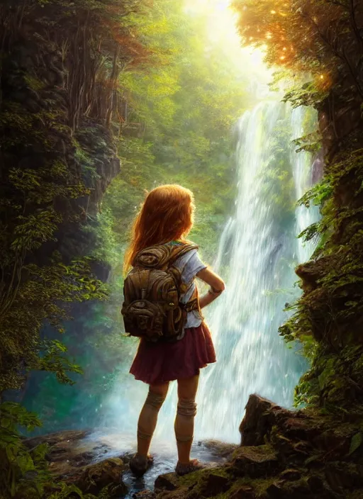 Prompt: detailed intricate digital illustration by james gurney and greg rutkowski and artgerm and wlop and sanford robinson gifford ; young red - haired explorer girl with a backpack and map, in an ancient forest, shimmering waterfall in background ; 1 3 mm film, arri alfa anamorphic lens ; sharp focus, golden hour lighting, trending on artstation 4 k