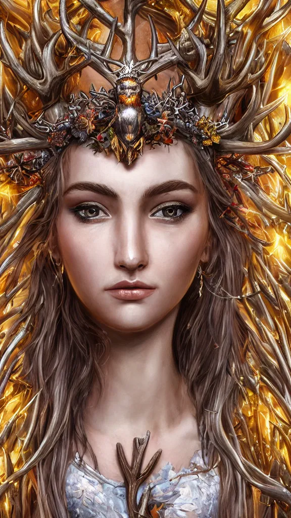 Image similar to highly detailed close up portrait of Artemis, goddess of the hunt and the moon, wearing a crown made of antlers, studio lightning, bright colors, intricate, masterpiece, photorealistic, hiperrealistic, sharp focus, high contrast, Artstation HQ, DeviantArt trending, 4k UHD, Unreal Engine 5