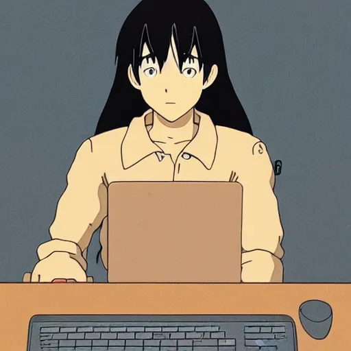 Image similar to tan-skinned guy with long black hair and long sleeves using a laptop, looking down, art by hayao miyazaki, studio ghibli film, twitter pfp