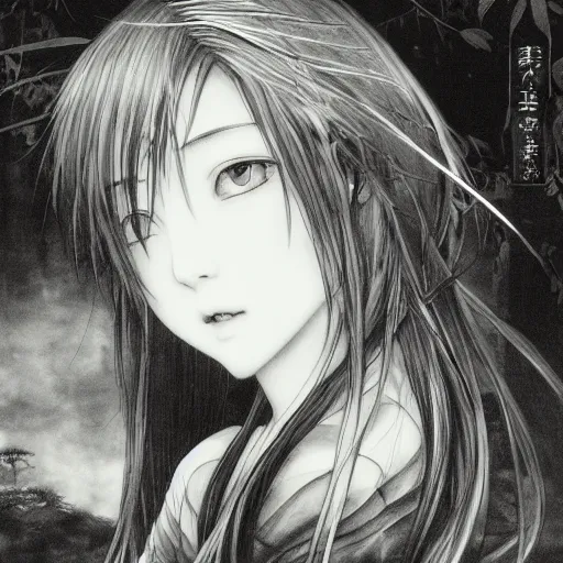 Prompt: a portrait of a character in a scenic environment by Yoshitaka Amano, black and white, dreamy, dark eyes, wavy silver hair, highly detailed