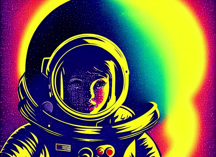 Image similar to portrait of a young astronaut girl on a spacewalk, colorful, modern art deco, mads berg, karolis strautniekas, stippled light, fine texture, editorial illustration, dramatic lighting, dynamic composition, detailed, matte print