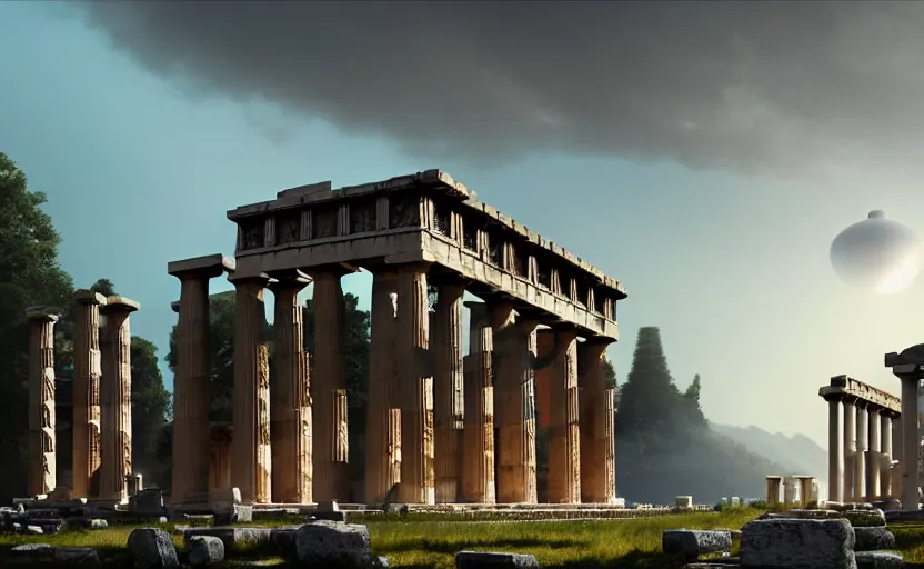 Prompt: exterior shot of utopian train station on in the middle of an ancient greek temple hill with cinematic lighting by peter zumthor and renzo piano, darek zabrocki and greg ruthkowski, simon stalenhag, cinematic, holy place, paradise, scifi, futurism, atmospheric, concept art, artstation, trending on artstation