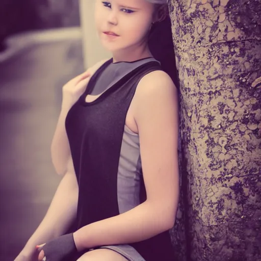 Prompt: kerli koiv young female model sitting on bench photography sun dress beautiful face and body, dramatic light 8 0 mm camera