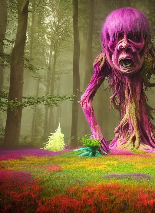 Image similar to a small psychedelic surreal horror giant made of multicolored psychotropic trees and flowers, magical creatures in the chaotic spirit forest, fulcolor octane reminder, cinematic, ultra - realistic