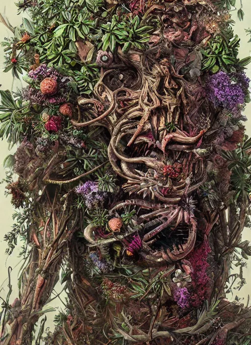 Prompt: a hyper detailed fine painting of a cyborg hybrof monster made of woods herbs flowers and plants, horror surrealism