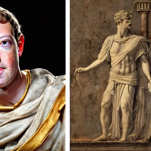 Prompt: mark zuckerberg as a roman noble senator. dressed in a toga. serious facial expression. on ancient roman fresco, detailed, intricate artwork, photo of a wall. well - preserved but faded