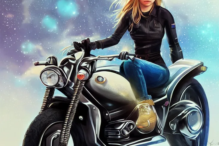 Image similar to chloe grace moretz is riding a motorbike, digital painting, artstation, the space background, concept art, by artgerm hyperdetailed trending on artstation trending on deviantart