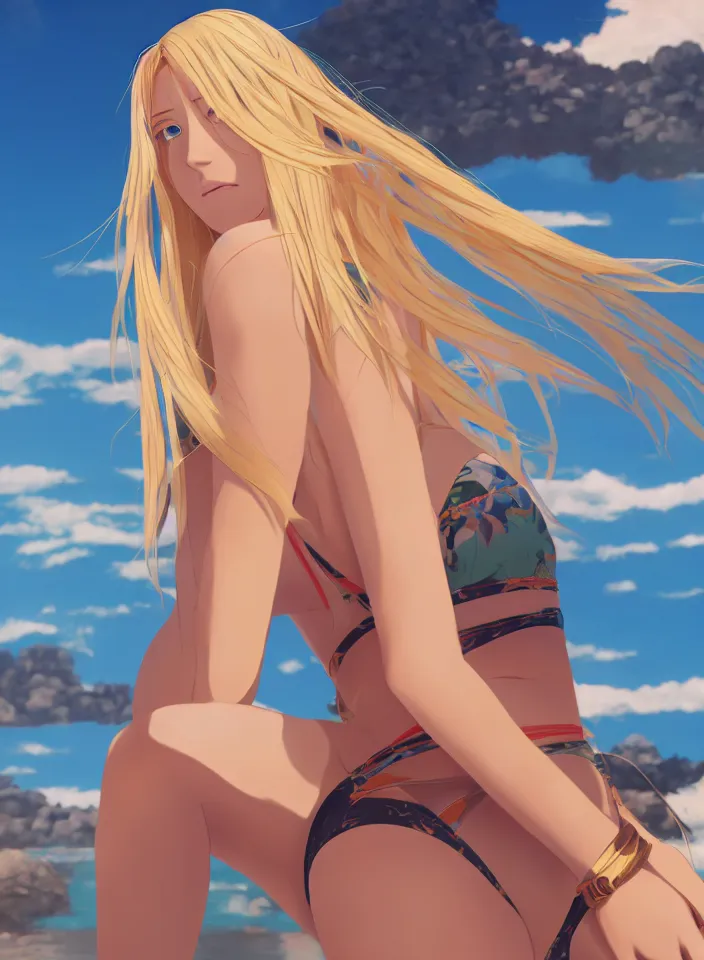 Image similar to beautiful blond woman in orange tribal bikini, long blond hair behind the ear, by makoto shinkai, 8 k, high resolution render, cinematic color grading, clean lineart and flat color,