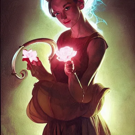 Image similar to tiefling woman with bent horns holding a glowing floating flower, petrichor, malady, art by fiona staples, art by james gurney, art by norman rockwell