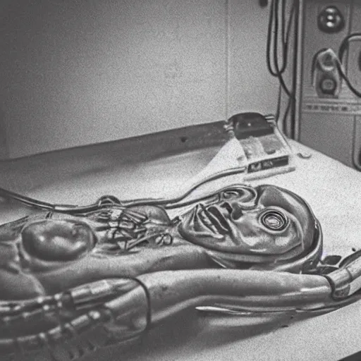 Image similar to an alien autopsy, realistic, vintage, grainy, old style photo, sepia, dark, medical lighting, masked doctors, clear alien face