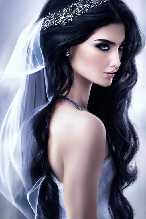 Image similar to back portrait of Ameera al-Taweel, blue eyes, long wavy black hair, fierce look, white veil, closeup, focus face, elegant, highly detailed, centered, digital painting, artstation, concept art, art by artgerm