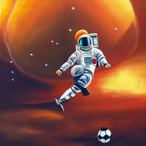 Image similar to a painting of an astronaut playing soccer in a cosmic scenic environment, soccer ball, beautiful, hyperdetailed, action shot, light framing subject, trending on Artstation