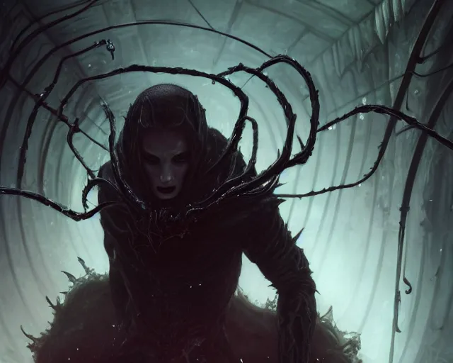 Image similar to a 4 k cinematic screenshot still portrait of a vampire in a dark liminal space room surrounded by spider webs, deep focus, d & d, fantasy, intricate, elegant, highly detailed, digital painting, art station, concept art, matte, sharp focus, illustration, dark fantasy style art, hearthstone, art by artgerm and greg rutkowski and alphonse mucha