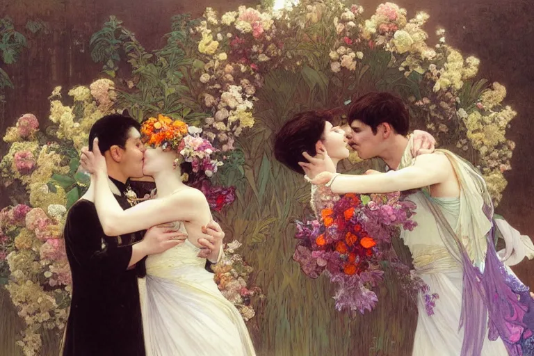 Image similar to the groom kisses the bride at a wedding full of flowers, bright and happy, dreamlike art, highly detail, 4 k realistic, wedding photoy krenz cushart. artem demura. alphonse mucha. yoji shinkawa artgerm. jon lothian. danilo torres. adi meyers. thomas reimann. gaston bussiere.