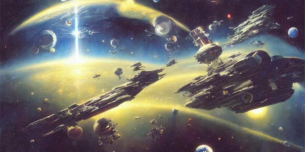 Image similar to a beautiful space scene with a spaceship, ralph mcquarrie, john berkey, alan bean trending on artstation, highly detailed oil painting, hyperrealistic, cinematic, dramatic lighting, sharp color palette