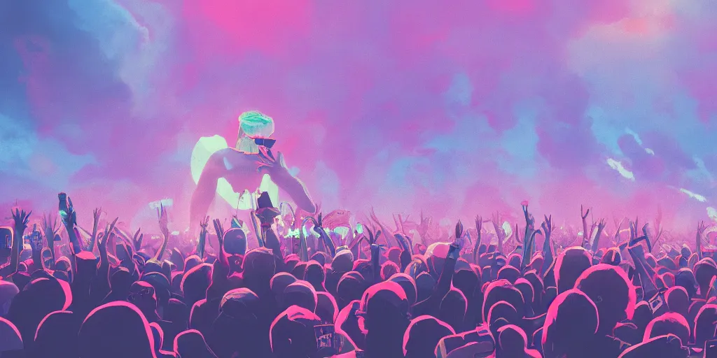 Image similar to rapper on stage over huge crowd reaching up to him, digital art, vapor wave, hip hop, trending on Artstation, professional artist, detailed, 4k