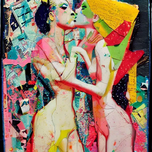 Image similar to two women kissing at a carnival in summer, mixed media collage, retro, paper collage, magazine collage, acrylic paint splatters, bauhaus, claymation, layered paper art, sapphic visual poetry expressing the utmost of desires by jackson pollock