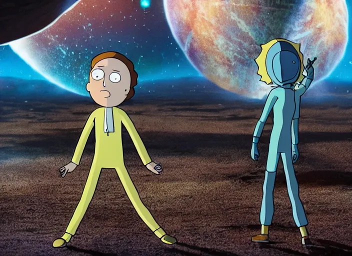 Image similar to film still of morty from rick and morty in the new scifi movie, 4 k