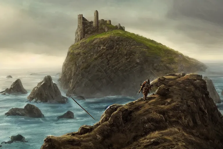 Image similar to 2 medieval warriors travelling on a cliff to a background castle , view of a coast line landscape , English coastline, Irish coastline, scottish coastline, perspective, folklore, King Arthur, Lord of the Rings, Game of Thrones. Photographic, Photography, photorealistic, concept art, Artstation trending , cinematic lighting, cinematic composition, rule of thirds , ultra-detailed, dusk sky , low contrast, natural lighting, fog, realistic, light fogged, detailed, atmosphere hyperrealistic , volumetric light, ultra photoreal, 35mm, Matte painting, movie concept art, hyper-detailed, insanely detailed, corona render, octane render, 8k