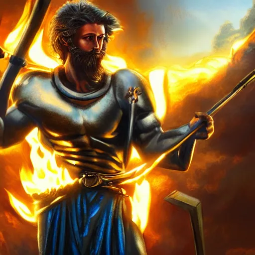 Image similar to Full metal greek god of smithing holding the hammer of creation setting the city of the gods on fire, cinematic lighting, high quality 8k hd, oil on canvas, hyperralistic art