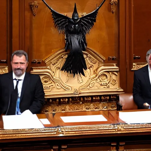 Image similar to satan in the spanish congress of deputies at the speaker's lectern