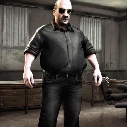 Image similar to a midage italian male, beardless, bald, short black hair with gel, overweight, fine white shirt, leather belt, black pants, leather shoes, smoking a cigar, full body, gta v style, concept art, highly detailed, hyper realistic, unreal engine