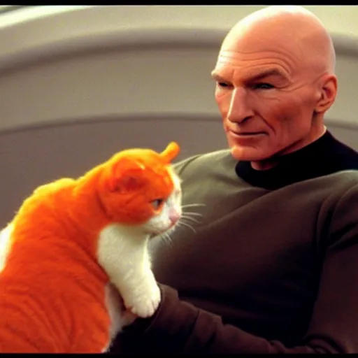 Image similar to Captain Picard sitting on the bridge of the Enterprise with a white and orange cat in his lap. Vintage film, realistic.