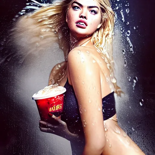 Image similar to kate upton flying freely in rain with wet hair and face, glowing skin eating big macs, fantasy, serving fries, covered in ketchup, captivating dynamic facial expression, intricate, elegant, dramatic lighting, emotionally evoking symbolic metaphor, highly detailed, lifelike, photorealistic, digital painting, artstation, concept art, smooth, sharp focus, illustration, art by John Collier and Albert Aublet and Krenz Cushart and Artem Demura and Alphonse Mucha