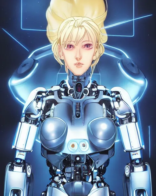 Image similar to portrait of a blonde woman with blue eyes as a robot, cybernetic enhancements, art by makoto shinkai and alan bean, yukito kishiro