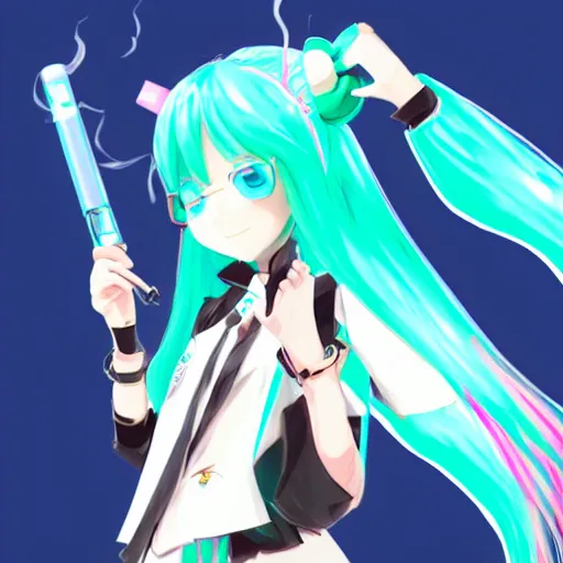 Image similar to hatsune miku smoking a vape pen in her right hand | smoke coming out of her mouth, artstation, 4 k