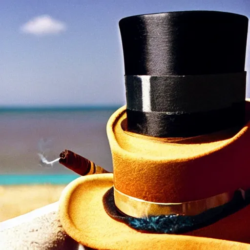 Prompt: the godfather wears a top hat and smiles and smokes a cigar. 5 0 mm, cinematic, technicolor close up on his face. sea and beach and a sandcastle in the background. the top hat is burning