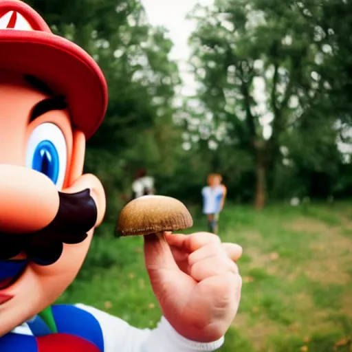 Image similar to photo of real life mario finding a giant mushroom, exhilarated, portrait, closeup. mouth open, 30mm, bokeh