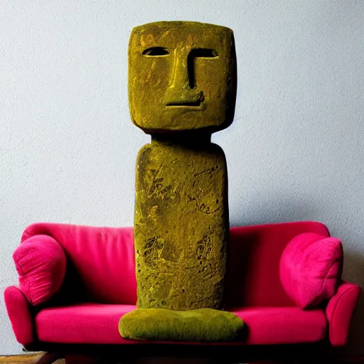 Image similar to moai plushy toy on a couch, ambient light