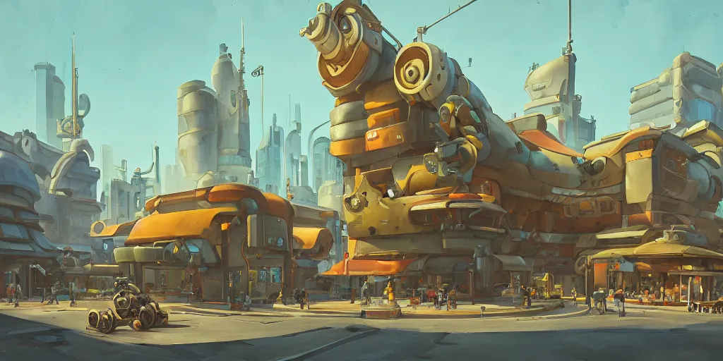 Image similar to overwatch building, stylized, exterior, architecture, in watercolor gouache detailed paintings, insanely detail, artstation, 8 k, futuristic, big medium small, arcane, simon stalenhag, food stall, interesting shapes & form, golden ratio, megastructures, vitaly bulgarov