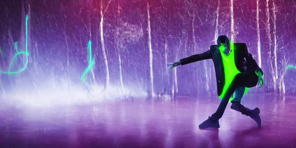 Prompt: slow motion film still of futuristic break dancer wearing dark suit with neon lights, long exposure shot , at night in the middle of a rainy forest, rim lights, glossy reflections, octane render, detailed and soft