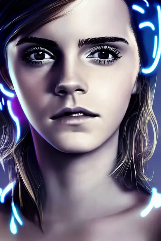 Image similar to Emma Watson, head and shoulders portrait, the background is a huge futuristic city, cyberpunk style futuristic neon lights, artstation cgsociety masterpiece highly-detailed