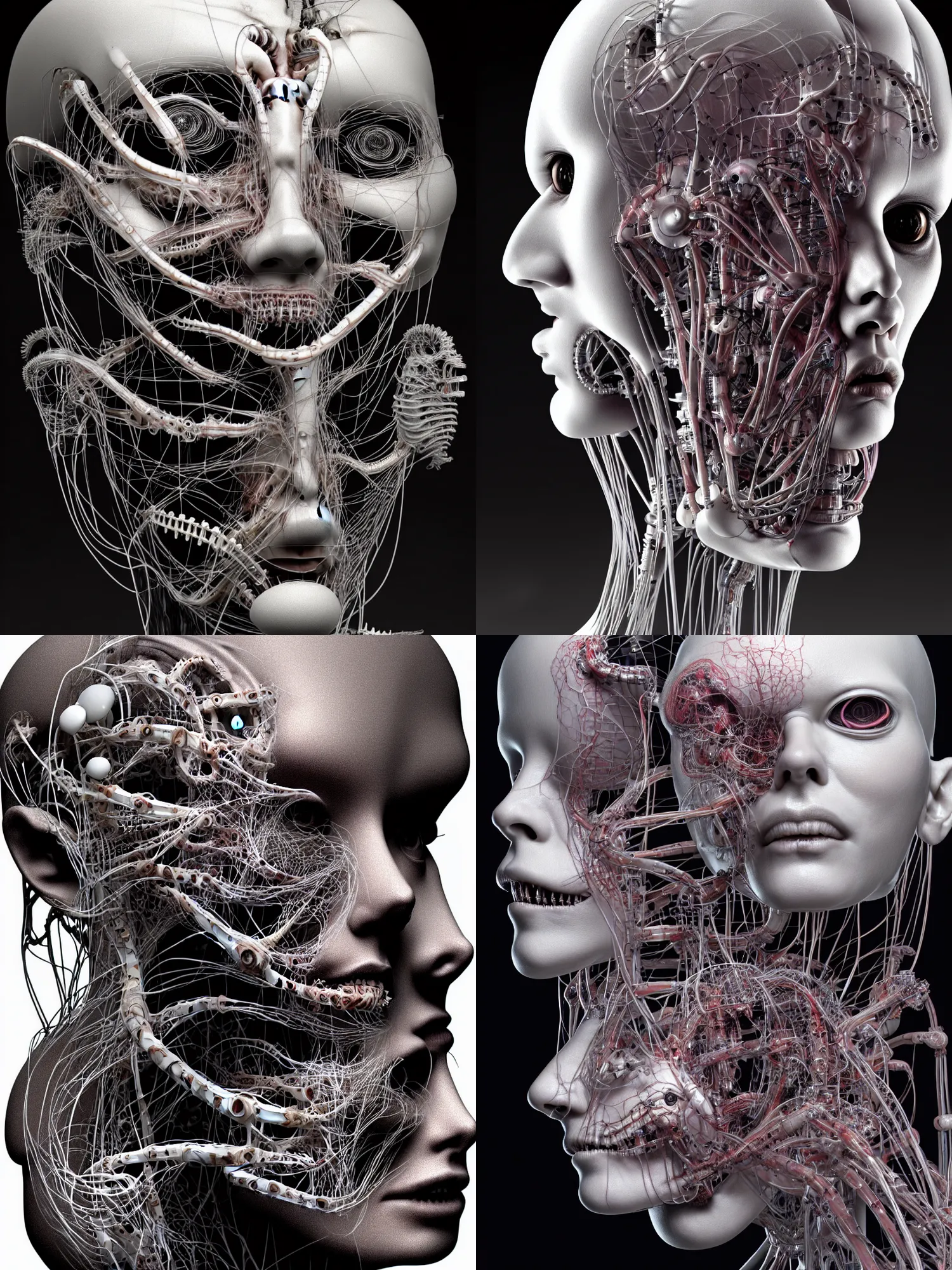 Prompt: portrait of neural nightmares by yoshitaka amano and HR Giger, detailed face face face face, clear visible facial structure, porcelain skin hd, 8k, very very very very electronic, biomechanical, biology, bio, neural machine