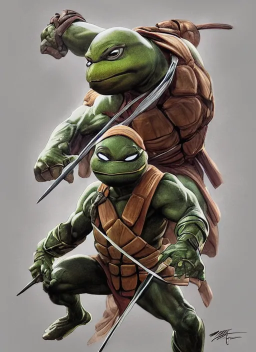 Image similar to elegant renaissance concept art of a male young muscular teenage mutant ninja turtle 1 9 9 0 film, full figure dynamic fighting pose, fantasy, intricate, highly detailed, digital painting, artstation, smooth, sharp focus, illustration, art by artgerm and greg rutkowski and alphonse mucha