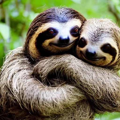 Image similar to a sloth hugging his turtle friend