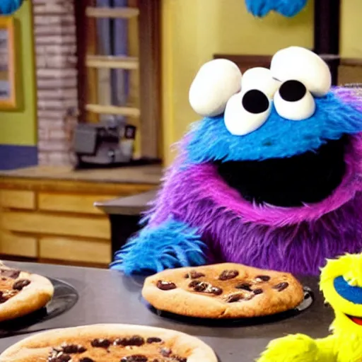 Image similar to Cookie Monster Muppet on Sesame Street eating pizza in secret, happy