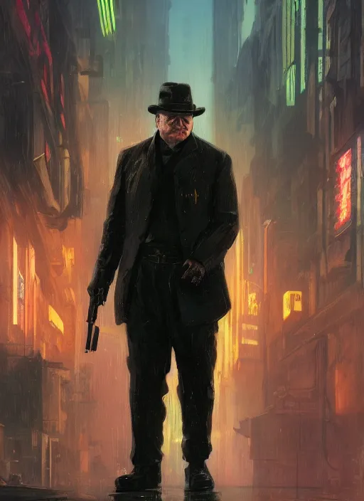 Prompt: Winston Churchill. Powerful Cyberpunk assassin in tactical gear. blade runner 2049 concept painting. Epic painting by James Gurney, Azamat Khairov, and Alphonso Mucha. ArtstationHQ. painting with Vivid color. (rb6s, Cyberpunk 2077)