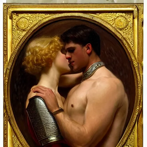 Prompt: attractive arthur pendragon confesses his love for his attractive knight. highly detailed painting by gaston bussiere and j. c. leyendecker 8 k