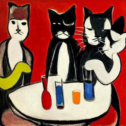 Prompt: three cats drinking in a bar, matisse