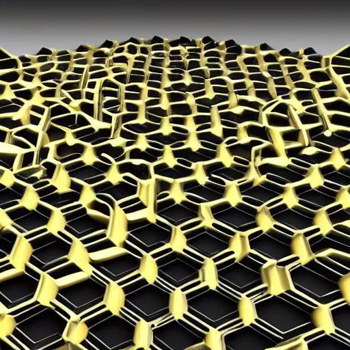 Image similar to procedural chaotic pattern of 3 d hexadonal scifi architecture, reflective black and gold, inspired by deus ex human revolution, render in octane