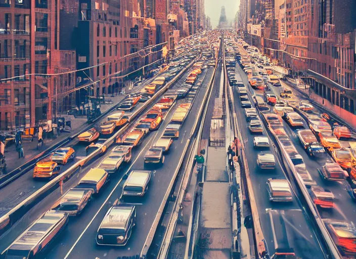 Image similar to busy nyc street , dense traffic metro train on bridge over street, cinematic lighting, professional photo